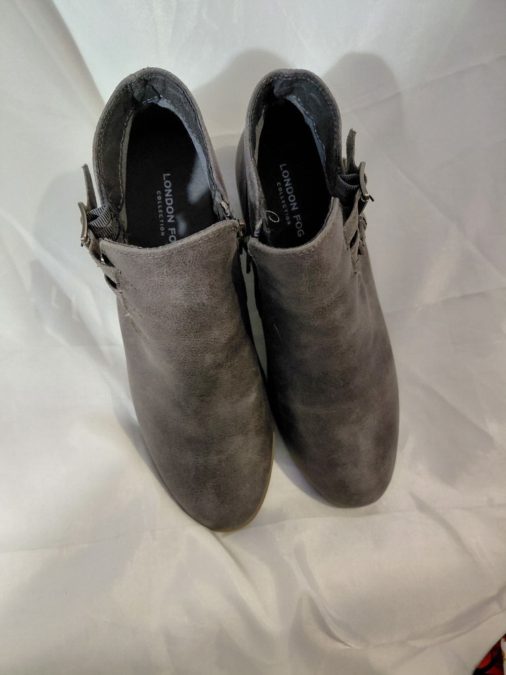 London Fog Gray Suede-Look Ankle Booties with Side Buckle